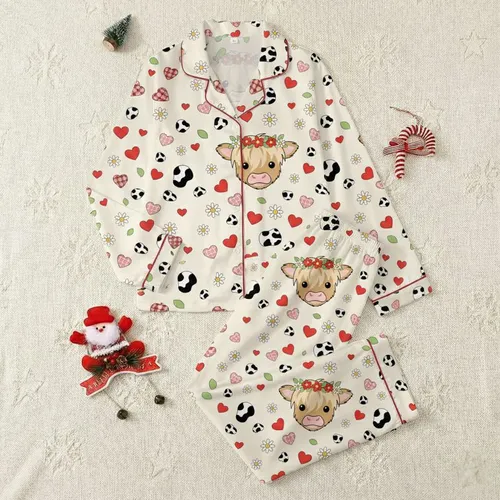 Animal Lovers' Whimsical Highland Calf Floral Crown Creamy Tan Red Hearts Cow Spot Pattern Satin Pajamas Set