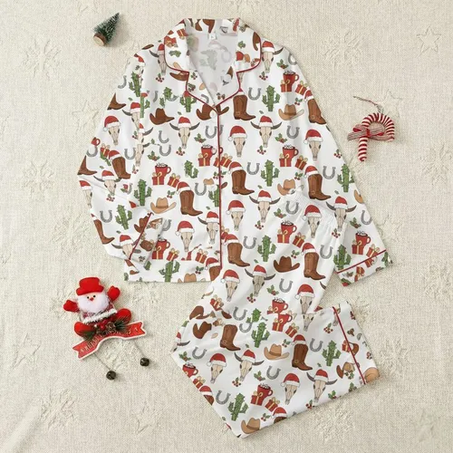 Family's Charming Western Christmas Design with Red Santa Hat Bull Skulls, Lighted Cacti, Brown Boots Satin Pajamas Set