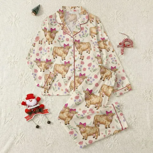 Highland Cow Lovers' Whimsical Flat Art Highland Cow with Fuchsia Bows & Wildflowers Pattern on Muted Sand Cream Satin Pajamas Set