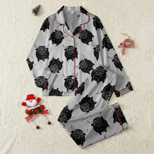 Highland Cow Lovers' Playful Cartoon Highland Cattle with Sunglasses All-Over Print Satin Pajamas Set