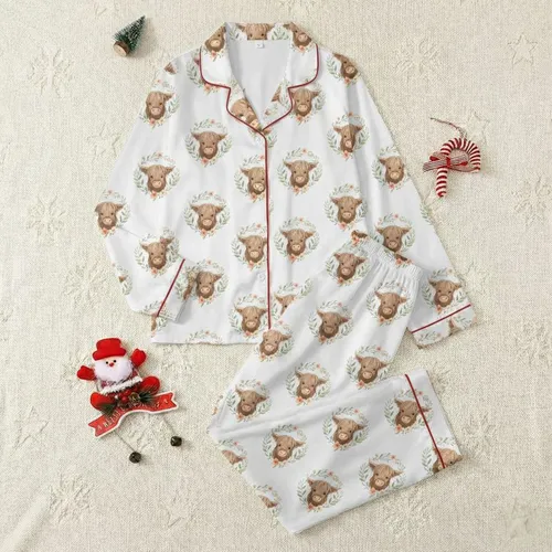 Kids' Charming Watercolor Highland Cow Heads in Pastel Floral Wreaths All-Over Pattern Satin Pajamas Set