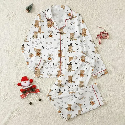 Baby & Toddler Whimsical White Halloween Highland Cows Pattern: Ghost, Witch, Mummy & Pumpkin Design with Black Bats Satin Pajamas Set