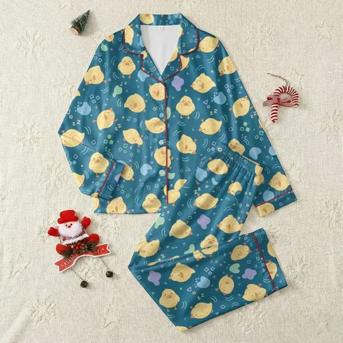 Family Holiday Cute Sleepy Duckling Soft Yellow Teal Whimsical Festive Pattern Satin Pajamas Set