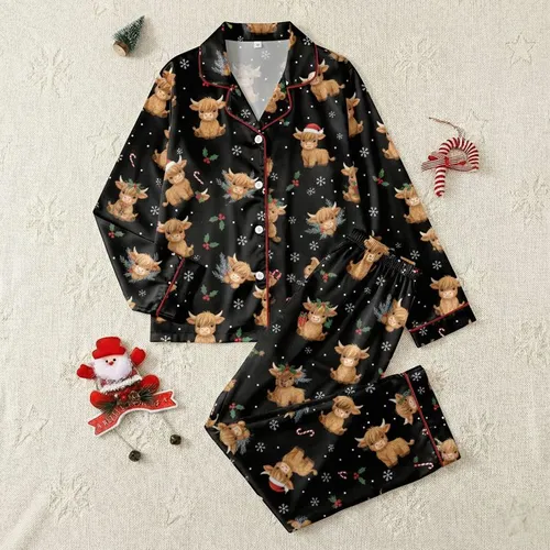 Family Christmas Lovers' Adorable Baby Highland Cow Festive Seamless Pattern with Santa Hats, Holly, Candy Canes on Deep Black Satin Pajamas Set