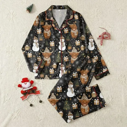 Holiday Enthusiasts' Adorable Highland Cow & Snowman Christmas Pattern with Leopard Hats, Golden Accents on Charcoal Black Satin Pajamas Set