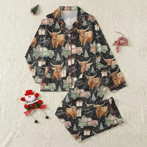 Rustic Christmas Lovers' Whimsical Highland Cow & Vintage Truck Pattern in Dusty Pink, Sage, Caramel & Charcoal Satin Pajamas Set