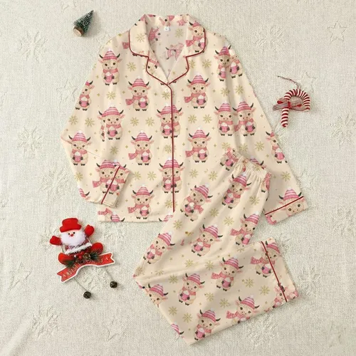 Winter Lovers' Whimsical Baby Highland Cow Hot Pink Gold Glitter Snowflake Knitted Hat Pattern Satin Pajamas Set