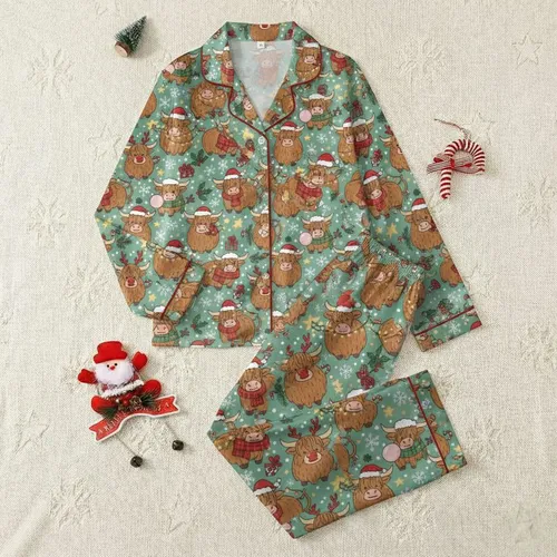 Christmas Highland Cow Lovers' Whimsical Festive Pattern: Santa Hat Cows, Reindeer Antlers, String Lights, Holly Berries, Rustic Illustrative Design Satin Pajamas Set