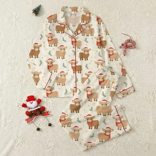 Family Whimsical Fluffy Highland Calf Pattern Red Santa Hats Green Berries White Snowflakes Satin Pajamas Set