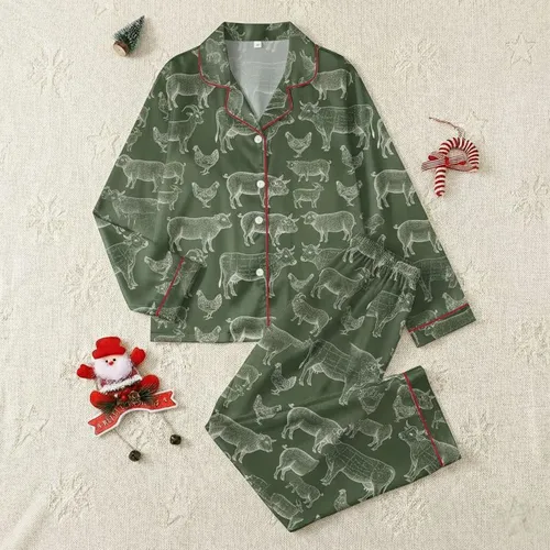 Farm Animal Lovers' Antique Scientific Diagram Livestock Pattern White Line Art Muted Olive Green Satin Pajamas Set
