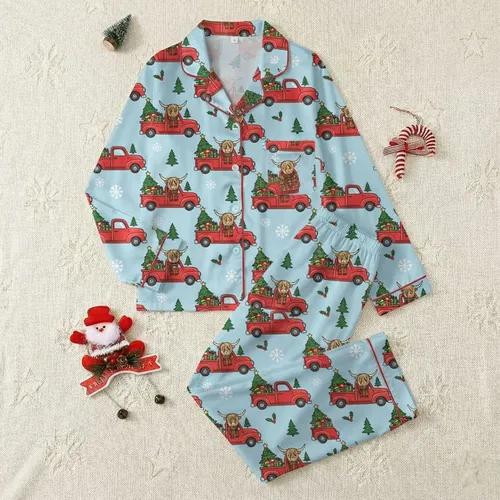 Christmas Lovers' Vibrant Red Green Highland Cow Vintage Truck Festive Pattern, Plaid & Holly Satin Pajamas Set