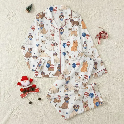 Dog Cat Lovers' Whimsical Patriotic Red White Blue Pet Parade French Bulldog Dachshund Star Spangled Pattern Satin Pajamas Set