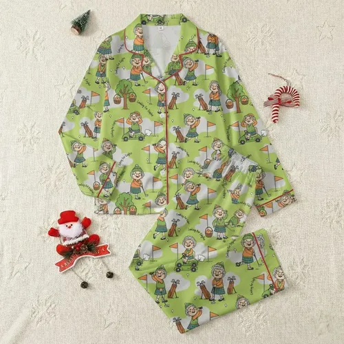 Grandma Golfers' Whimsical Golf Course Scene with Cheerful Elderly Women, Green Orange Brown Plaid & 'Looking For Eagles' Script Satin Pajamas Set