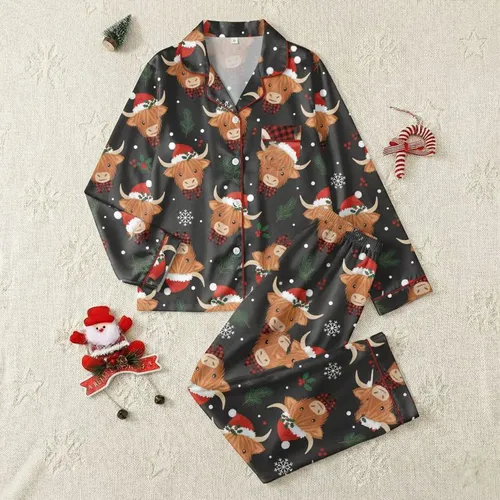 Family Christmas Enthusiasts' Whimsical Highland Cow Red Santa Hat Holly Buffalo Plaid Snowflake Design Satin Pajamas Set