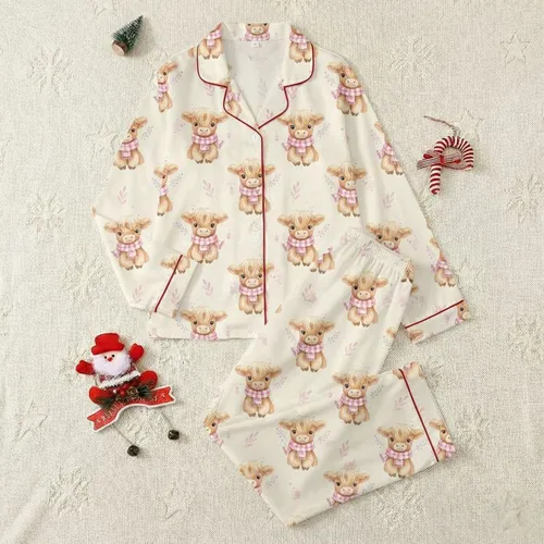 Highland Cow Lovers' Whimsical Watercolor Fluffy Calves Pink Checkered Scarf Beige Snowflake Pattern Satin Pajamas Set