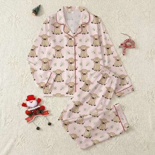 Baby Girls' Whimsical Pastel Pink Hand-Drawn Baby Highland Cow Daisy Clover Pattern Satin Pajamas Set