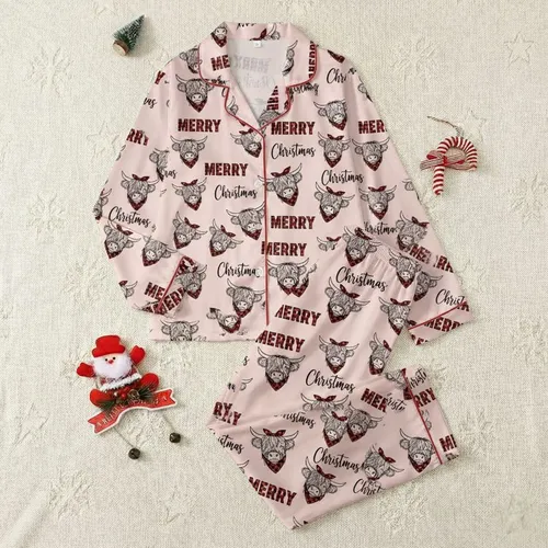 Festive Family Pink Highland Cow Red Black Buffalo Plaid 'Merry' & 'Christmas' Script Pattern Satin Pajamas Set
