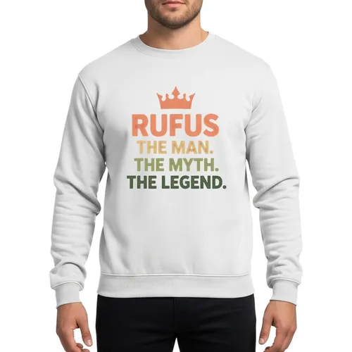 Men's & Grandfathers' Vintage Grunge RUFUS The Man The Myth The Legend Crown Design in Faded Red-Orange, Muted Tan, Olive Green Sweatshirt