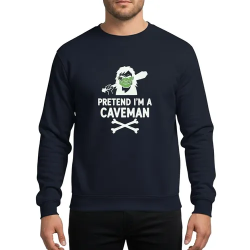 Halloween Fans' Primitive White Caveman Head & Crossbones Graphic with Distressed "PRETEND I'M A CAVEMAN" Text Sweatshirt