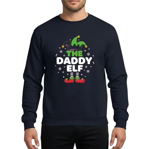 Fathers' Vibrant Red Green White 'THE DADDY ELF' Christmas Art with Jester Hat & Striped Socks Sweatshirt