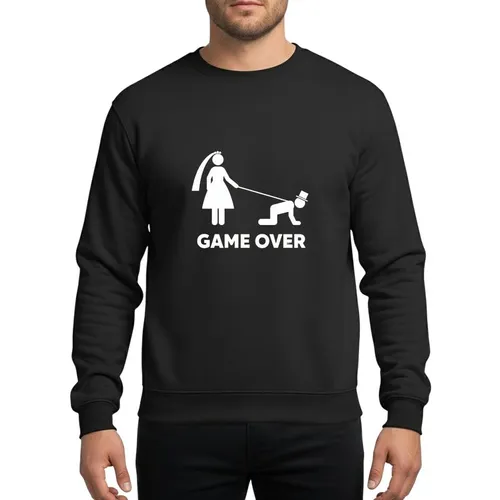 Bachelor Party Guests' White Minimalist Bride Veil Groom Top Hat Crawling Ironic "GAME OVER" Design Sweatshirt