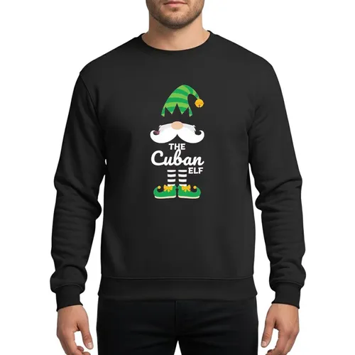 Holiday Party Enthusiasts' Whimsical Cuban Elf Gnome, Green Striped Hat, White Beard, Red & Green Festive Design Sweatshirt