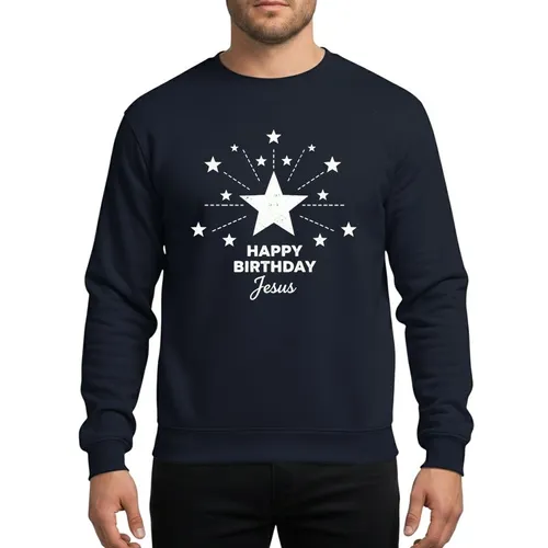 Christmas Season Admirers' White Distressed Radiant Star Cluster with Elegant 'Happy Birthday Jesus' Calligraphy Sweatshirt