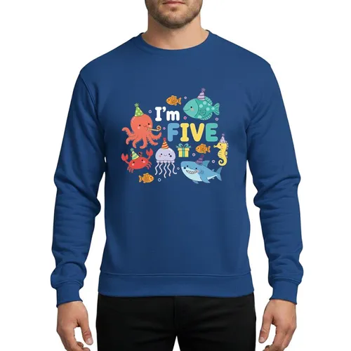 Kids' Vibrant Underwater 5th Birthday Party with Playful Sea Animals, 'I'm FIVE' Text, Festive Hats, Bright Ocean Creatures Sweatshirt