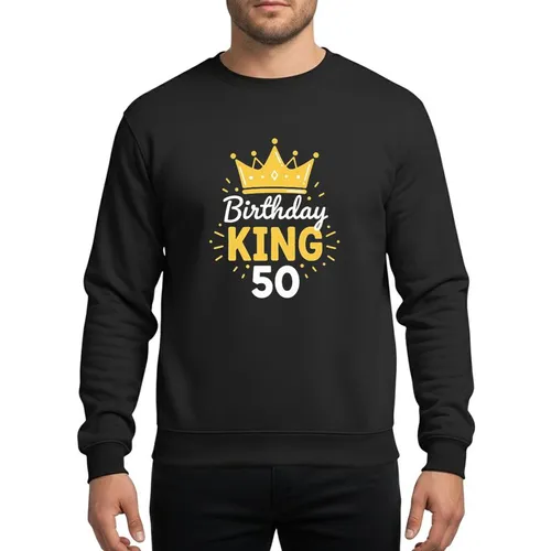 Men's Golden Yellow White Illustrative Crown Birthday King 50 Script Sans-Serif Design Sweatshirt
