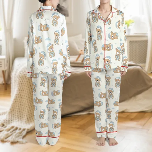Baby Lovers' Hand-Drawn Crochet-Style Sleepy Bear Pastel Blue Cream Sky Pattern Satin Pajamas Set