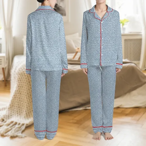 Women's Sophisticated Dusty Blue-Grey White Cursive Script Seamless Pattern Satin Pajamas Set