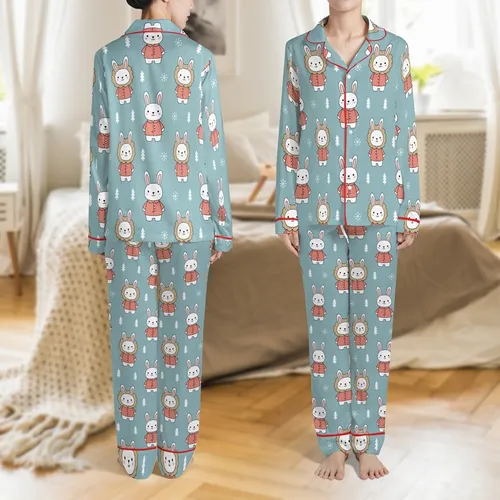 Kids' Whimsical Hand-Drawn White Bunnies with Coral Coats & Sandy Manes on Cyan Blue Snowflakes Pattern Satin Pajamas Set