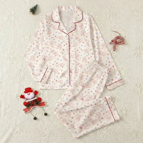 Bridal Party Pastel Pink Lavender Cream Minimalist Abstract Floral Heart Star Pattern Satin Pajamas Set