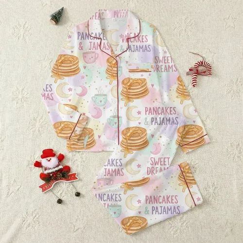 Cozy Comfort Enthusiasts' Whimsical Watercolor Pancakes, Pastel Moons, Stars, and Golden Syrup Pattern Satin Pajamas Set