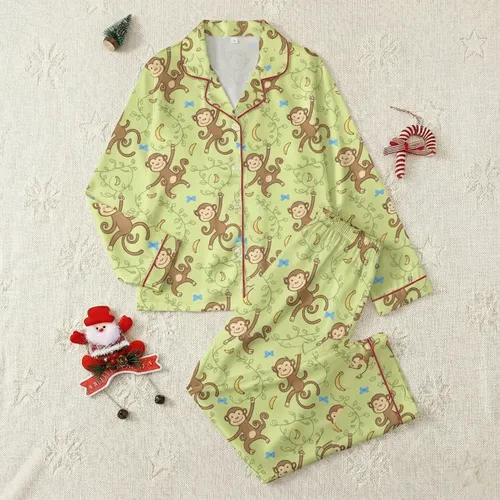 Kids & Families' Whimsical Hand-Drawn Monkey Pale Lime Green Vine Banana Ribbon Art Satin Pajamas Set