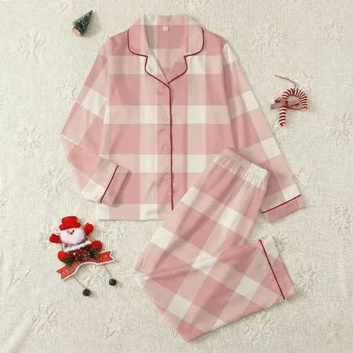 Women's Minimalist Multi-Scale Plaid Design in Pastel Pink, Off-White, Peach, and Muted Beige Satin Pajamas Set