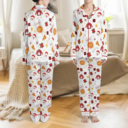 Kids & Family Whimsical Red Green Gold Santa Pizza Snowflake Holiday Pattern Satin Pajamas Set