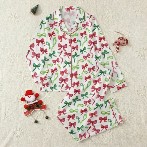 Coquette Style Lovers' Festive Watercolor Crimson Cherry Red Emerald Green Bow Pattern Satin Pajamas Set