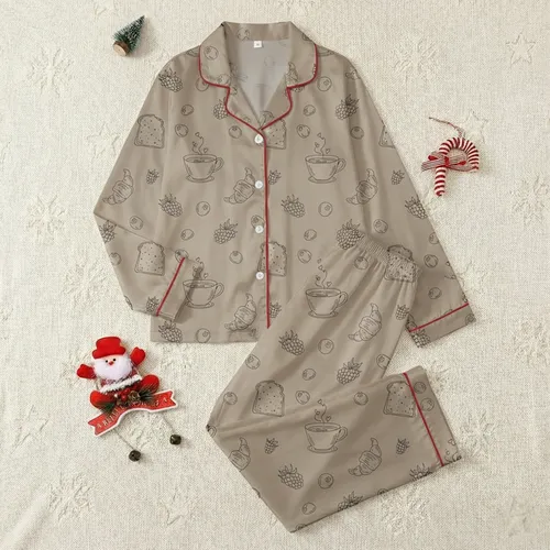Family Home Lovers' Greige Morning Brunch Motif with Black Coffee Croissant Toast Berry Outlines Satin Pajamas Set