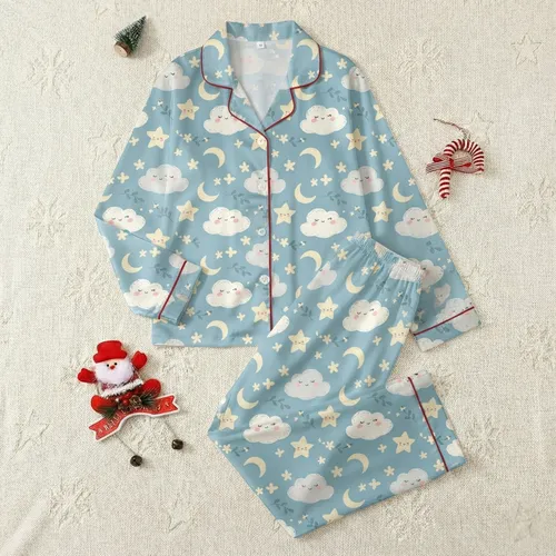 Adults' Muted Sky Blue Whimsical Hand-Drawn Smiling Clouds Winking Stars Moons Leafy Branches Seamless Pattern Satin Pajamas Set
