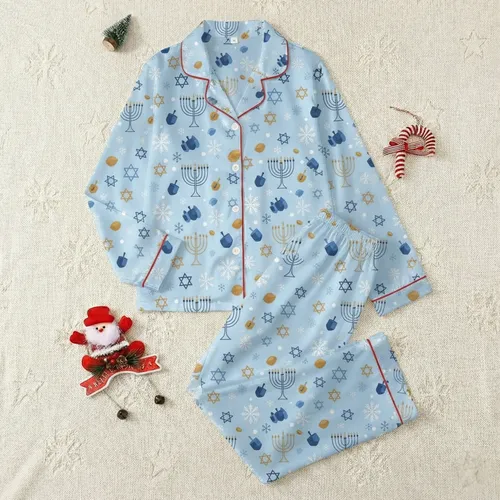 Family Soft Sky Blue Hanukkah Winter Motifs Gold Star of David Menorah Snowflakes Dreidel Pattern Satin Pajamas Set