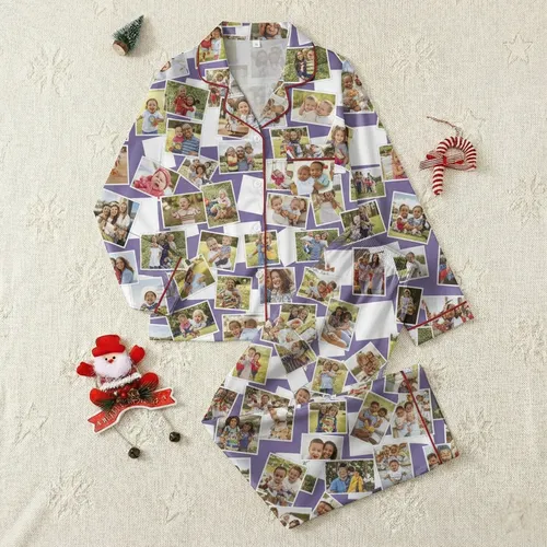 Loved Ones' Personalized Photo Collage of Joyful Family Moments, Violet Purple & White Scrapbook Aesthetic Satin Pajamas Set