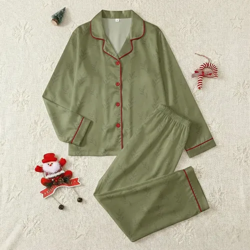 Kids' Muted Olive Green Cream Split Minimalist Botanical Line Art Pattern Satin Pajamas Set