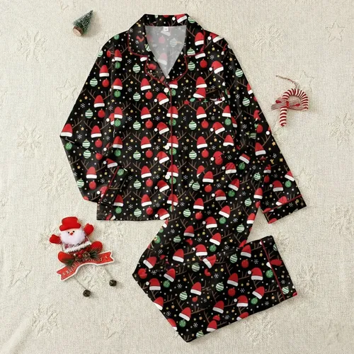 Family & Friends' Flat Illustrative Black Reindeer Antlers Red Green Ornaments Seamless Holiday Pattern Satin Pajamas Set