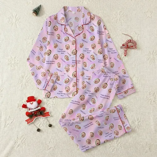 Moms' Soft Pastel Pink Lavender Collage with Smiling Baby Faces & Mom Messages Satin Pajamas Set