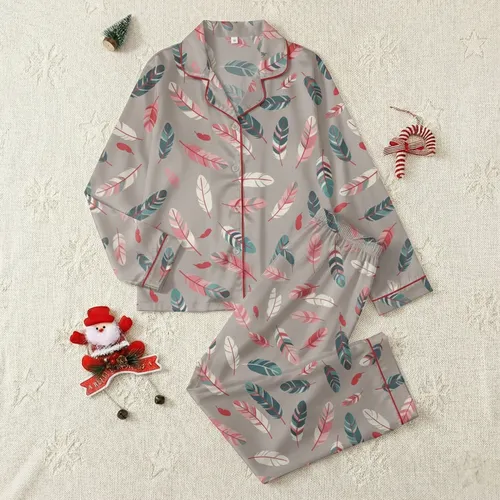 Pet Lovers' Illustrative Feather Pattern Vibrant Hot Pink Teal Crimson Taupe Satin Pajamas Set