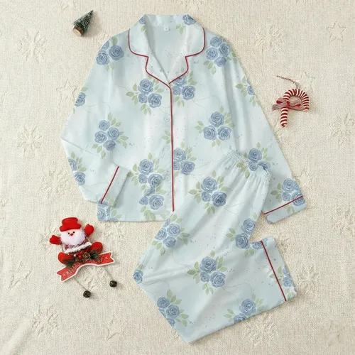 Grandmas' Dusty Blue Rose & Pale Sage Leaf Watercolor Floral Keepsake Art Design Satin Pajamas Set
