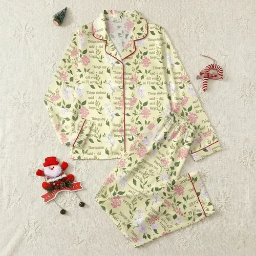Educators' Pastel Yellow Delicate Lilac & Olive Floral Pattern with Student Sayings Text Satin Pajamas Set