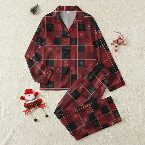 Holiday Family Deep Red Black White Classic Buffalo Plaid Seamless Winter Holiday Motifs Minimalist Line Art Satin Pajamas Set