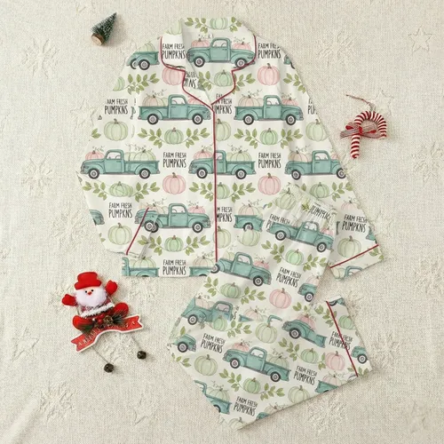 Autumn Lovers' Rustic Teal Truck Pastel Pumpkin Pattern with Farm Fresh Script Satin Pajamas Set